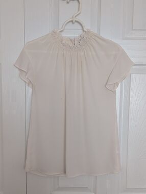 Express Cream Smocked-Neck Flutter Sleeve Blouse